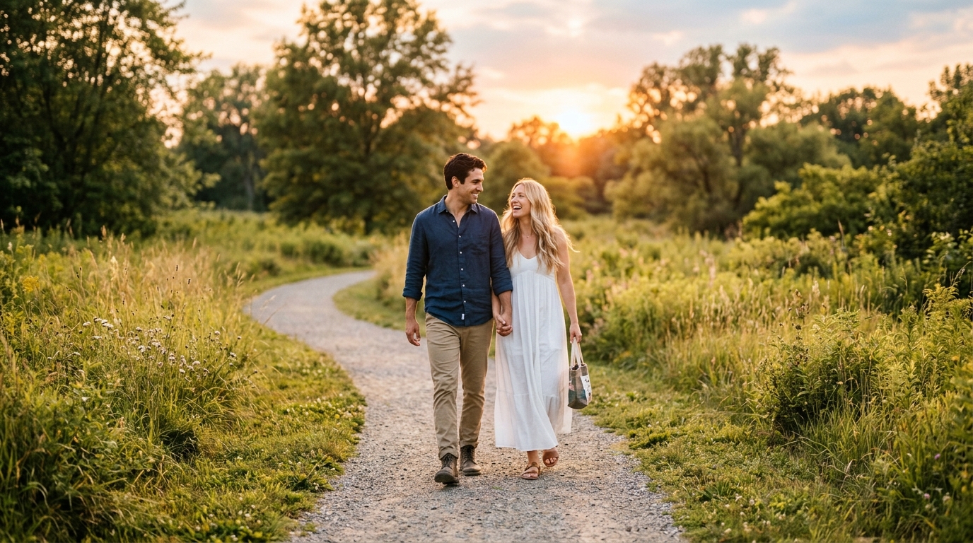 Full-length shot of a couple walking down a winding gravel path in a sun-drenched golden hour park, surrounded by tall grass and soft-focus trees, the warm light of the setting sun creating a romantic and ethereal atmosphere, editorial magazine aesthetic.