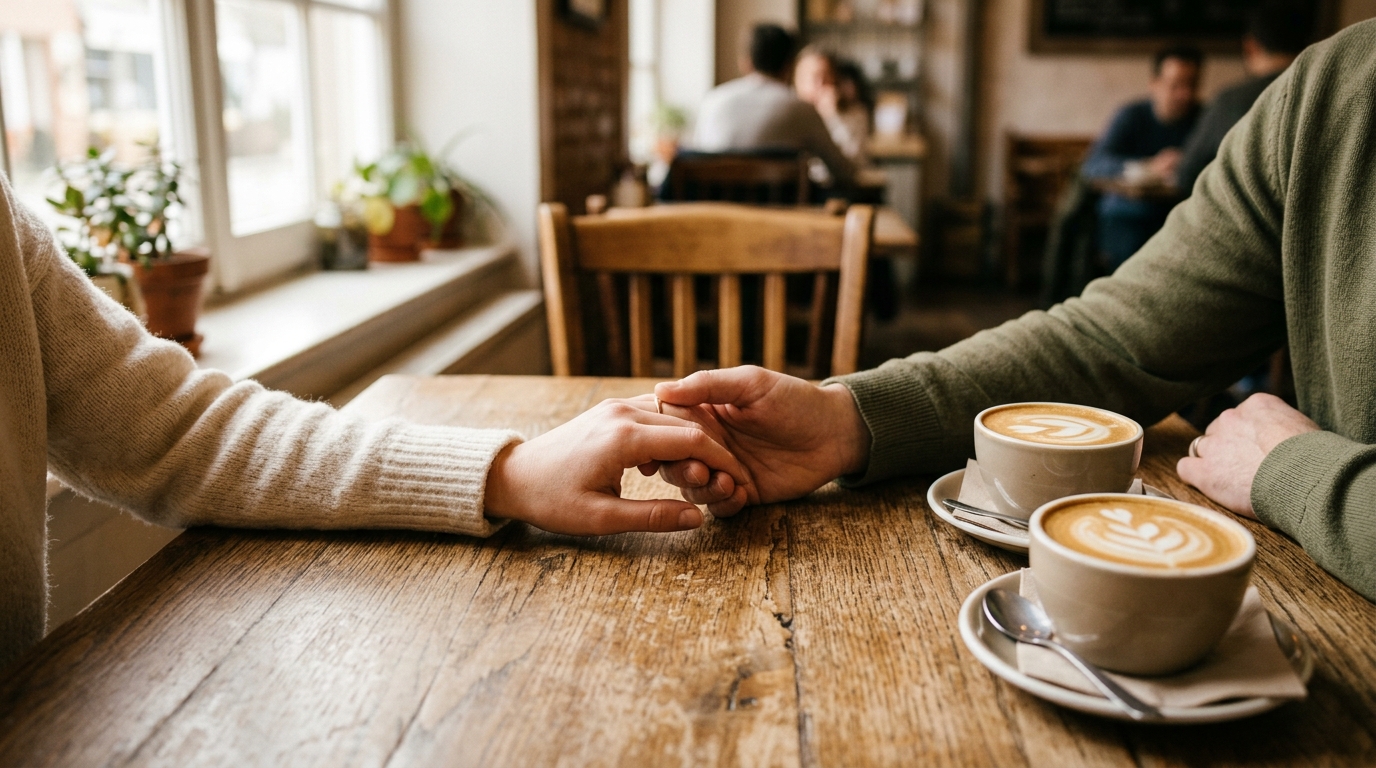 Close-up artistic shot of two people's hands gently meeting across a rustic wooden cafe table, two lattes with latte art sitting nearby, soft natural morning light streaming through a window, captured in a warm premium editorial style with shallow depth of field.
