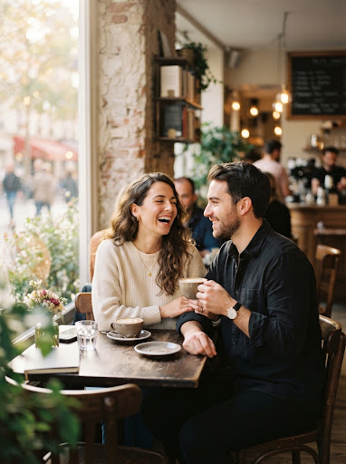 A premium, high-end lifestyle photograph of a beautiful young couple sharing a candid, joyful moment during a coffee date.