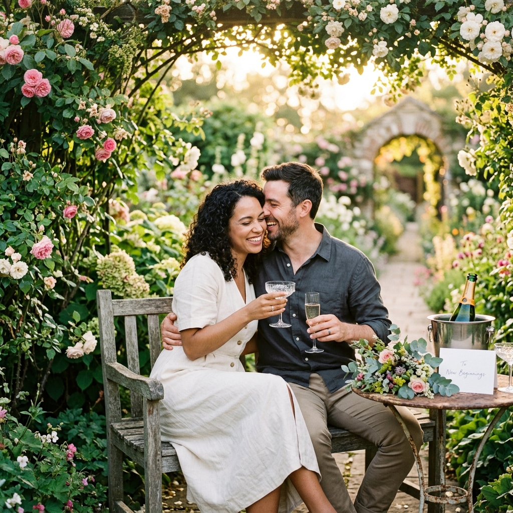 A premium, high-end lifestyle photograph of a couple sharing an intimate, quiet moment in a garden, celebrating a new beginning.