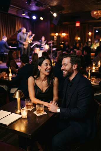 A premium, high-end lifestyle photograph of a couple laughing together at a jazz club.